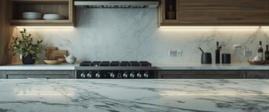 Modern Kitchen with Marble Countertop and Wood Accents in Natural Light