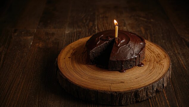 Chocolate Cake with Candle on Wooden Slice in Dim Light