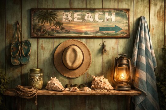 Beach-Themed Decor on a Rustic Wooden Shelf with Shells and Lantern