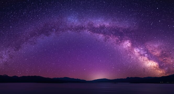 Milky Way Galaxy Arching Over Dark Mountain Silhouette at Twilight