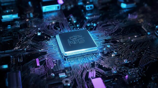 Central processing unit on a circuit board with glowing blue lights and digital data streams