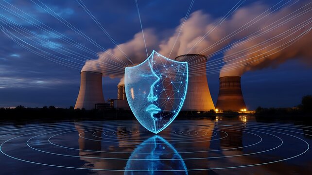 Digital security shield with human face mesh over industrial nuclear power plant at night for cybersecurity and energy infrastructure protection