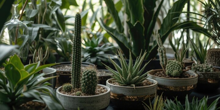 Cactus and Succulent Plants in Decorative Pots Surrounded by Greenery
