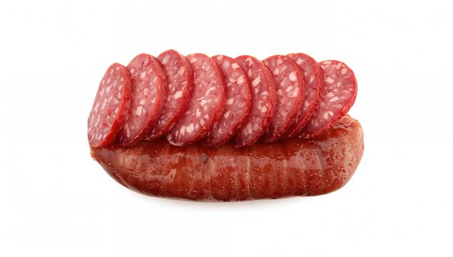 Sliced Salami Stacked on a Whole Sausage Isolated on White