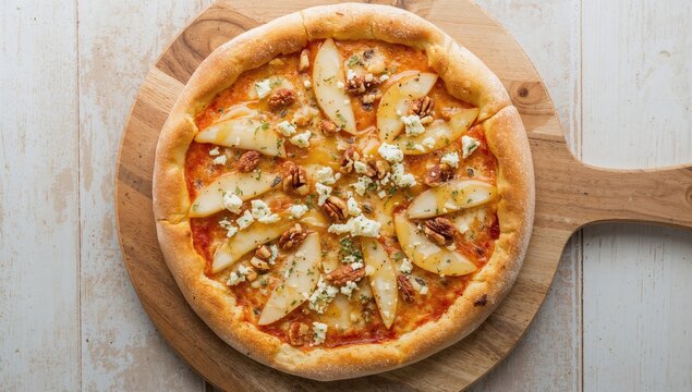 Gourmet Pizza Topped with Pears Walnuts and Blue Cheese on a Wooden Board