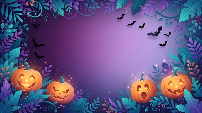 Modern Halloween Vector Frame with Glowing Jack-O'-Lanterns Tropical Foliage and Flying Bats