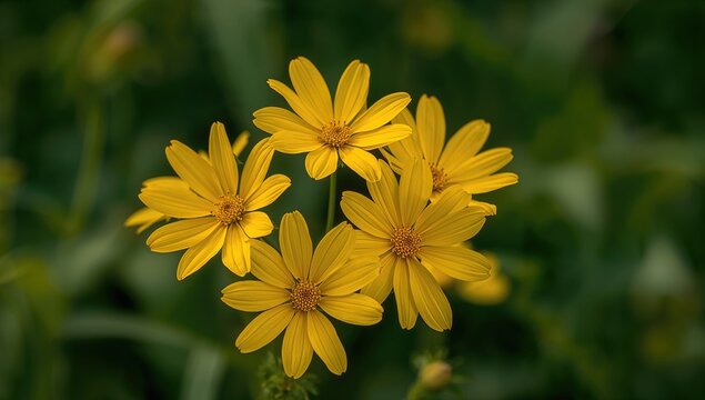 Group of Bright Yellow Wildflowers Blooms Against a Green Background