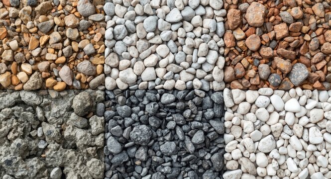 Variety of Natural Stones and Gravel Textures Arranged in a Grid Pattern