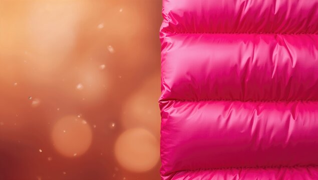 Bright Pink Puffer Jacket against a Soft Brown Bokeh Background