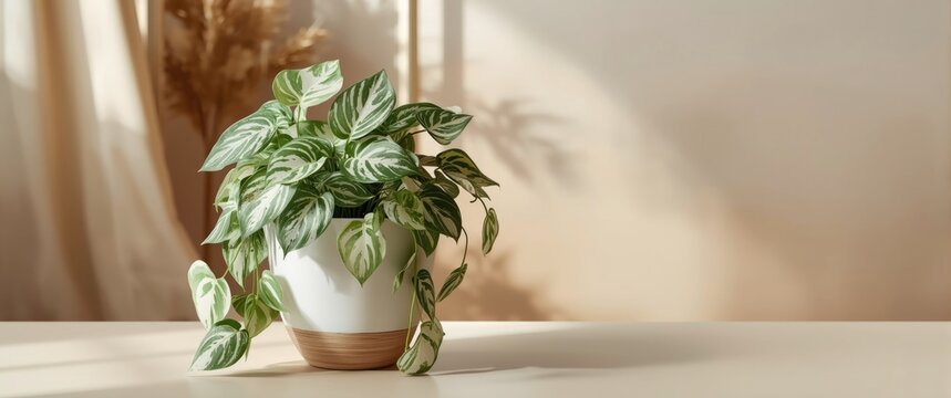 Potted Plant with Green Leaves on a Table in Soft Natural Light