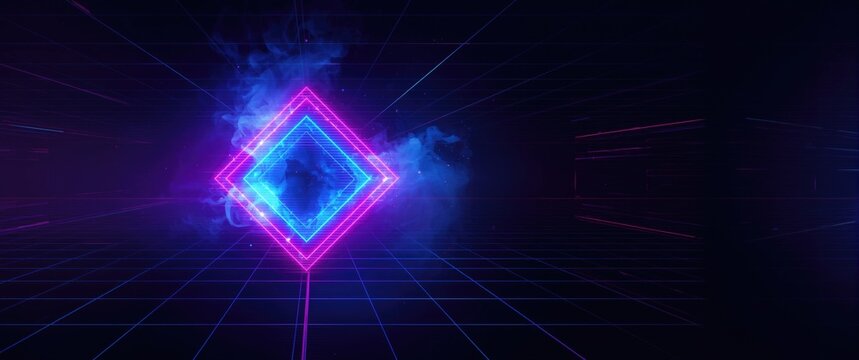 Neon Diamond Shape with Blue and Pink Glow in Dark Grid Environment