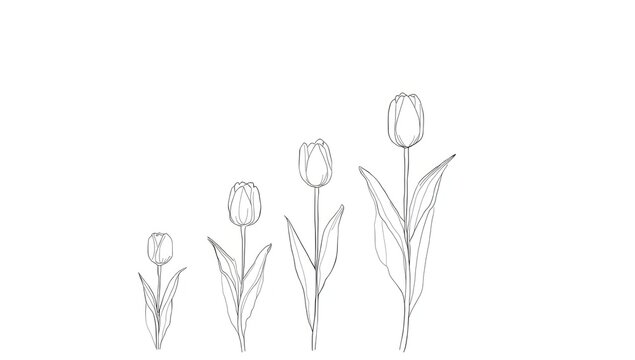 Tulip Line Drawing Progression with Gradual Size Variation on White Background