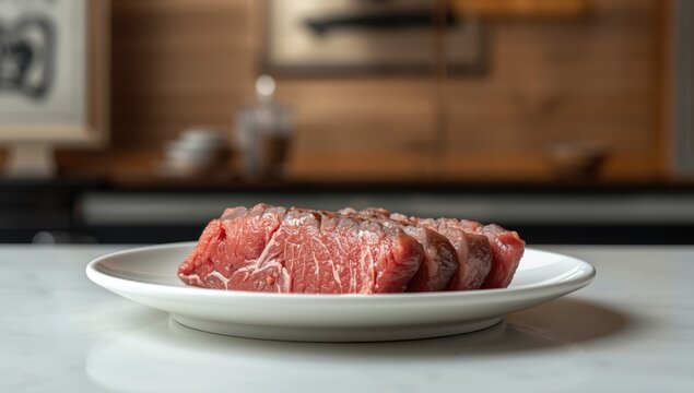 Raw Beef Slices Arranged on a White Plate in a Modern Kitchen Setting