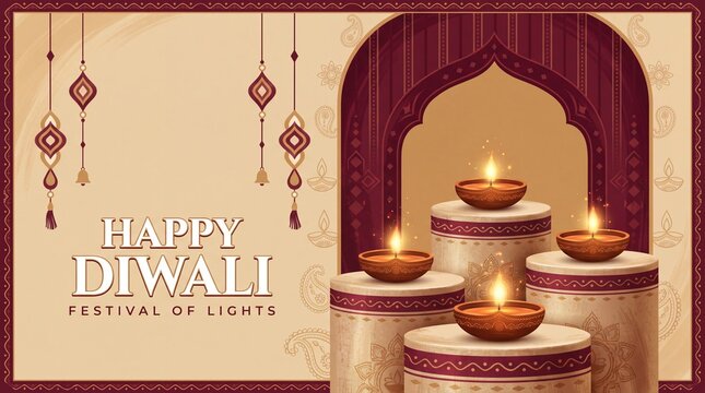 Happy diwali greeting with diya lamps and marigold garlands, festival of lights