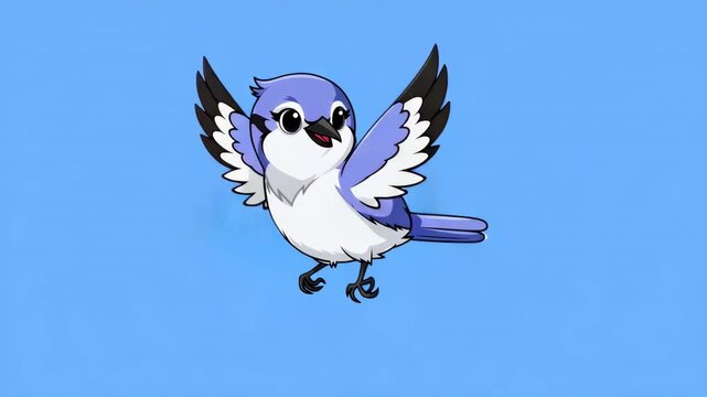 Blue Jay flapping wings during flight animation against a clean blue background