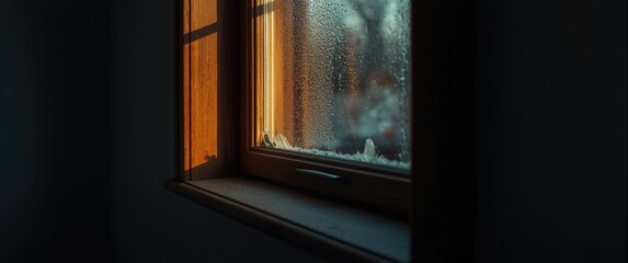 Fototapeta premium Warm Light Streaming Through a Frosted Window with Water Droplets