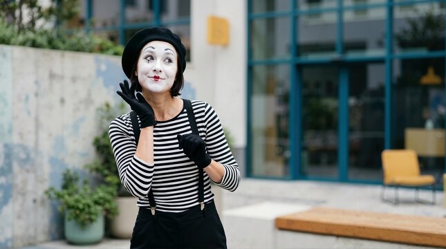 Female mime artist with white face paint and a black beret posing outdoors. Woman in a striped shirt and suspenders performing street theater. Traditional pantomime character
