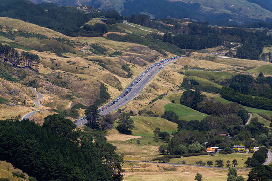 Wellington region, New Zealand. Traffic backed-up on Transmission Gully motorway or Te Aranui o Te Rangihaeata due to surface melting and peeling in summer heat in January 2026.