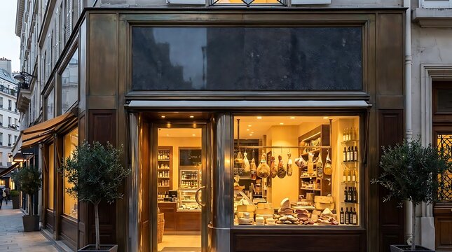 Historic European storefront with warm evening window lighting.