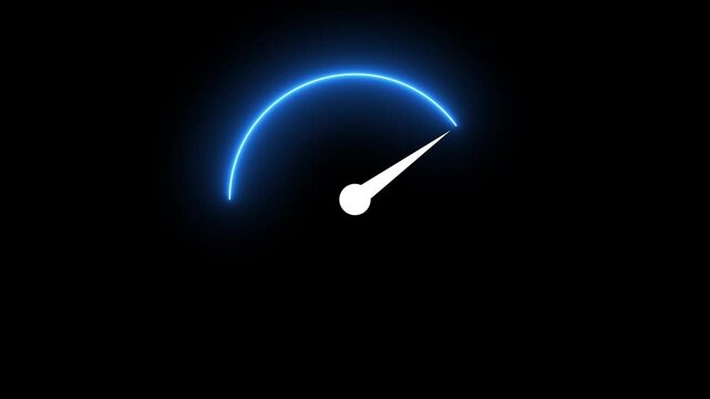 Glowing blue neon speedometer icon with fast gauge dial needle for Internet speed test and acceleration concept isolated on solid dark background.