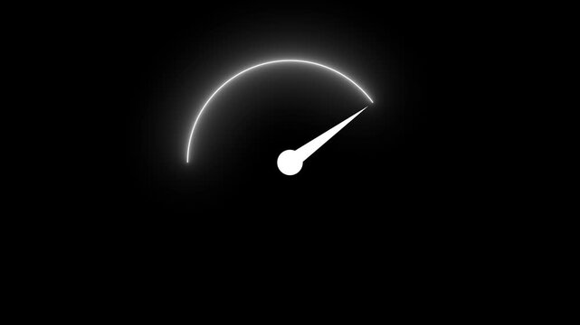 Glowing white neon speedometer icon with fast gauge dial needle for Internet speed test and acceleration concept isolated on solid dark background.