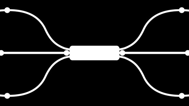 White network connection diagram icon representing central hub connected to multiple branch nodes and data pathways vector graphic on solid black background.