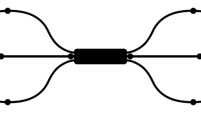 Black network connection diagram icon representing central hub connected to multiple branch nodes and data pathways vector graphic on solid white background
