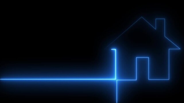 Glowing blue neon house icon with continuous line art depicting smart home automation real estate technology and architecture concept isolated on black background.