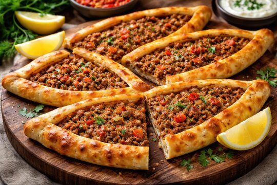 Turkish Pide Bread Filled with Minced Meat and Fresh Vegetables on a Rustic Wood Board