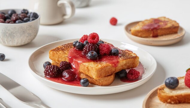 French Toast Topped with Berries and Berry Sauce on a Light Table Setting