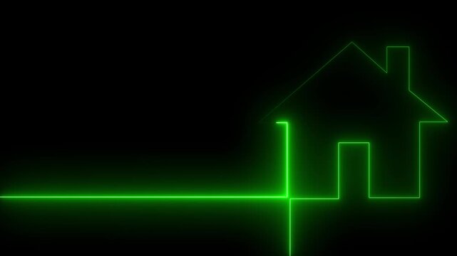 Glowing green neon house icon with continuous line art depicting smart home automation real estate technology and architecture concept isolated on black background.