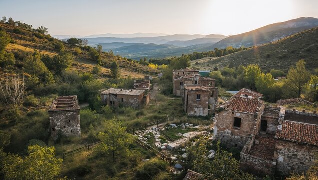 Abandoned Village Ruins in a Mountainous Landscape During Sunset