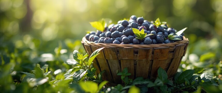Basket of Blueberries Nestled Among Green Leaves in Soft Natural Light