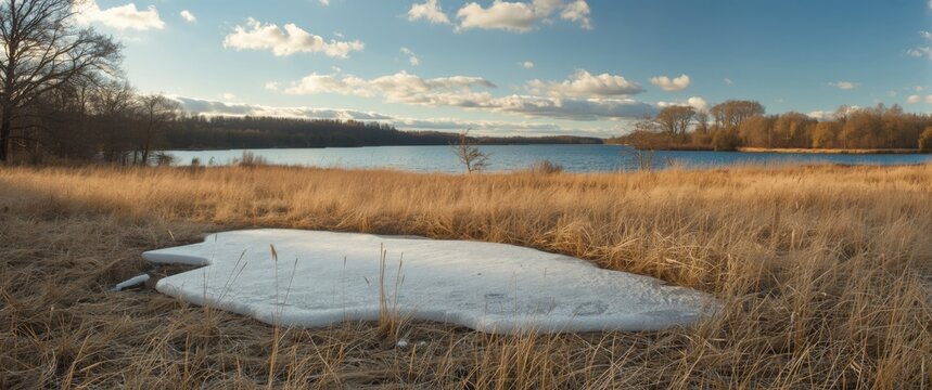 Snowy Patch on Dried Grassland Near a Calm Lake Under a Blue Sky