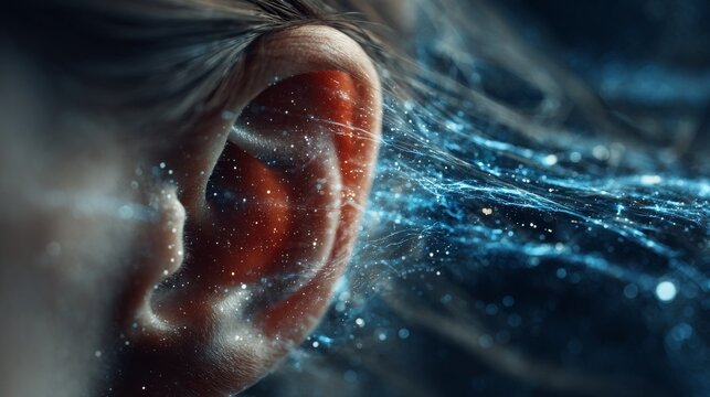 A close up of a human ear with digital blue light particles flowing into it against a dark background.