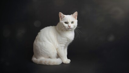 White Cat Sitting Gracefully on Dark Background