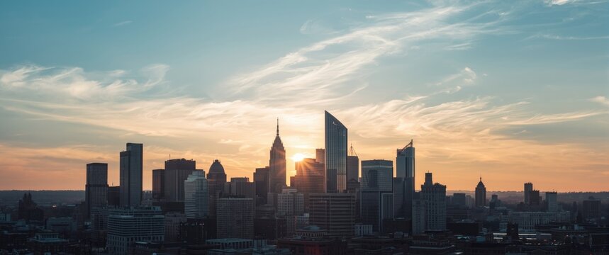 Sunset Skyline of a City with Silhouetted Buildings and Dramatic Clouds