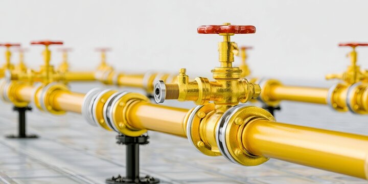 Industrial yellow pipe distribution network with circular brass stop valves for natural gas storage.