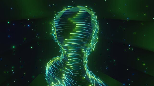 Seamless loop of abstract human bust formed by glowing horizontal scan lines. Digital futuristic artificial intelligence model made of light streams and neural network particle science background.