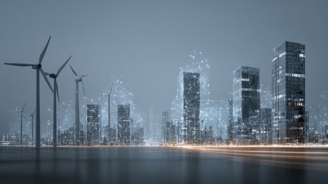 A futuristic city skyline featuring wind turbines and digital network overlays against a grey background.