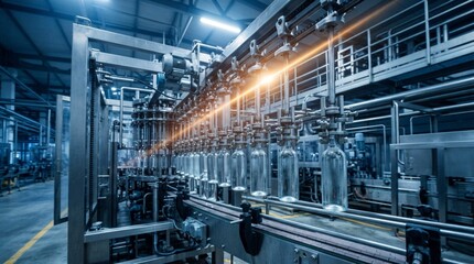 Fototapeta premium Automated bottling machinery processes glass bottles on conveyor belt in modern factory, symbolizing industrial efficiency and smart automation