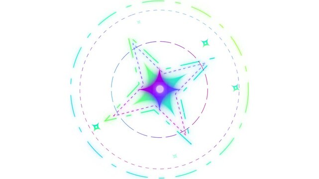 Abstract geometric star shape with glowing gradient colors and circular lines on white background.