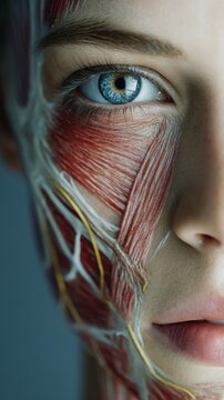 A close-up of a human face showing anatomical muscles and nerves on the left side against a blue background.