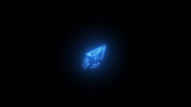Sleek glowing blue neon paper plane graphic showing fast email delivery and instant messaging concept on black gradient background.