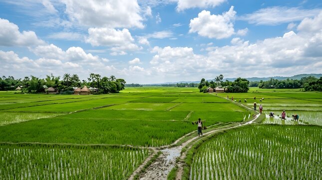 Farmers working in lush green rice paddy fields under a bright blue summer sky
