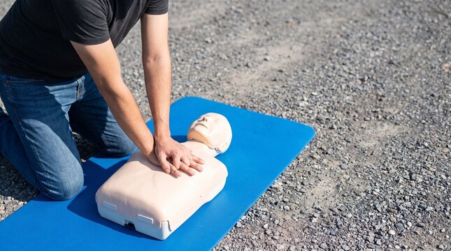 Man practicing CPR chest compressions on a training dummy outdoors