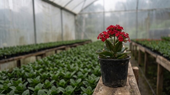 A potted red flower in the foreground of a plant nursery with rows of green seedlings in a greenhouse