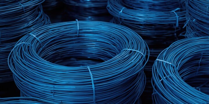 Coiled Blue Wire Rolls Stacked in Dim Lighting