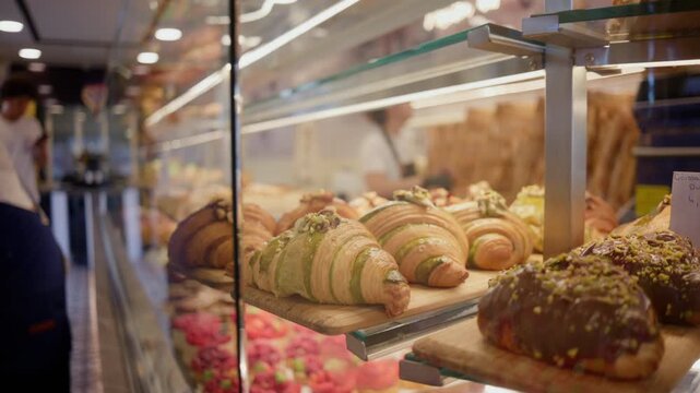 Freshly baked croissants with pistachio cream and chocolate topping arranged on a wooden board inside a bustling bakery pastry display case
