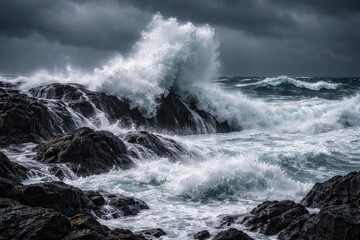 Obraz premium Crashing Waves Hitting Rocky Shore Under Dark Stormy Clouds
